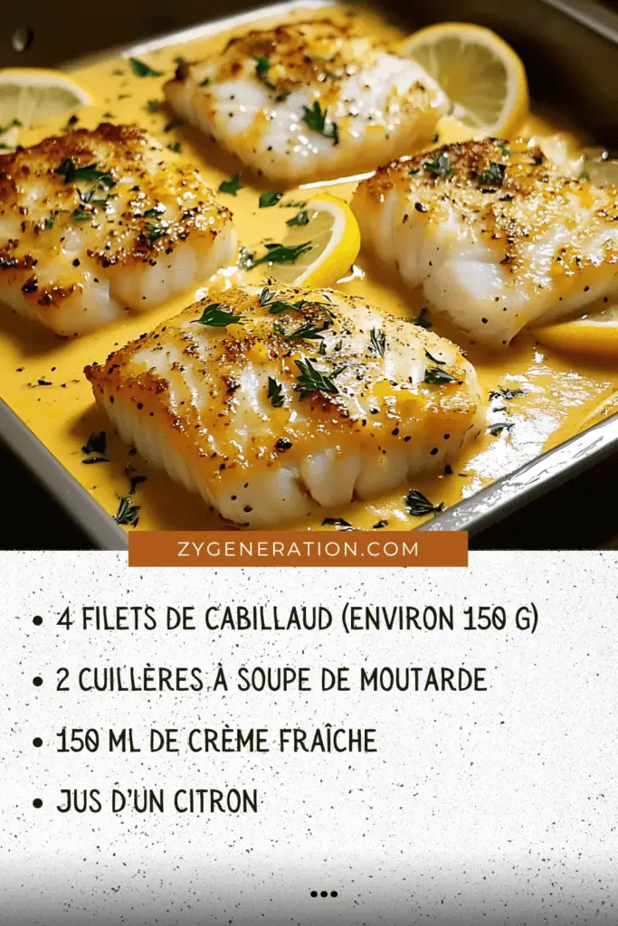 Filets de cabillaud dorés au four nappés de sauce à la moutarde et crème citronnée, garnis de persil frais