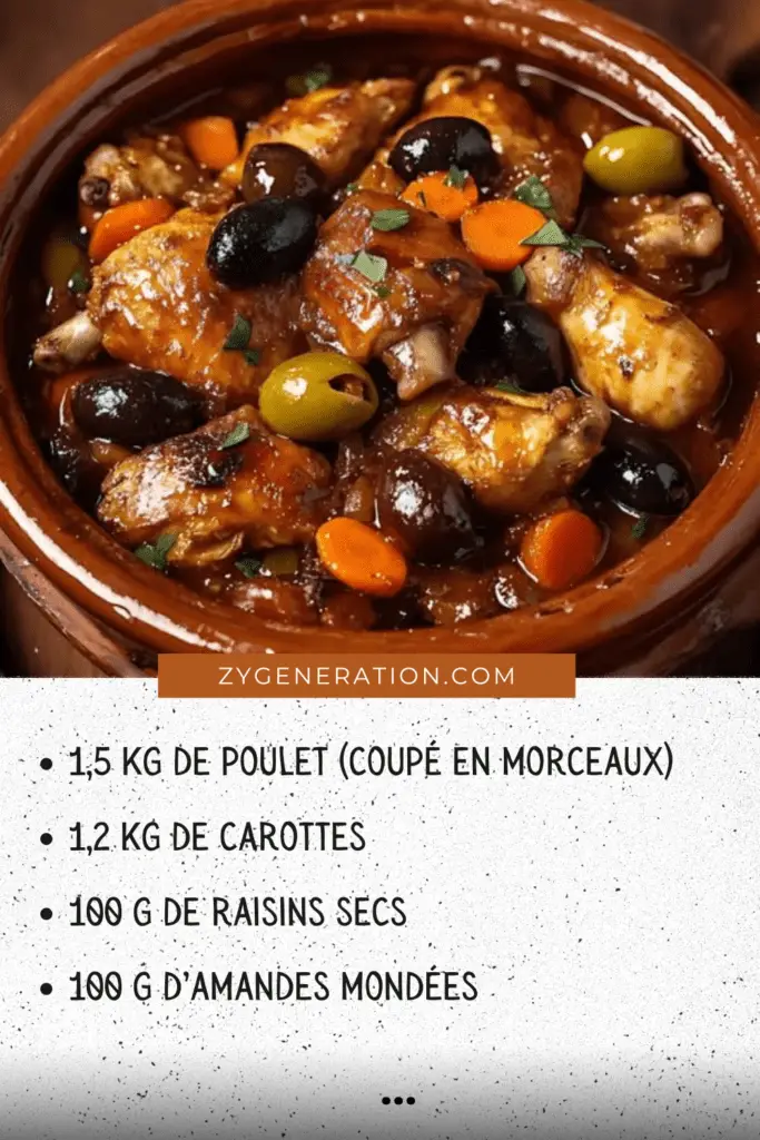 Tajine de poulet aux épices, servi avec des légumes et des fruits secs dans un plat en terre cuite traditionnel