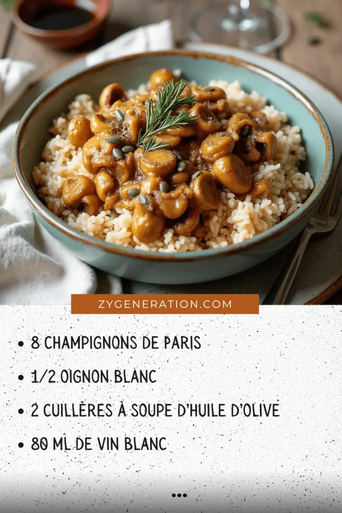 Assiette de Champignons façon Stroganoff crémeux avec riz complet et graines de courge