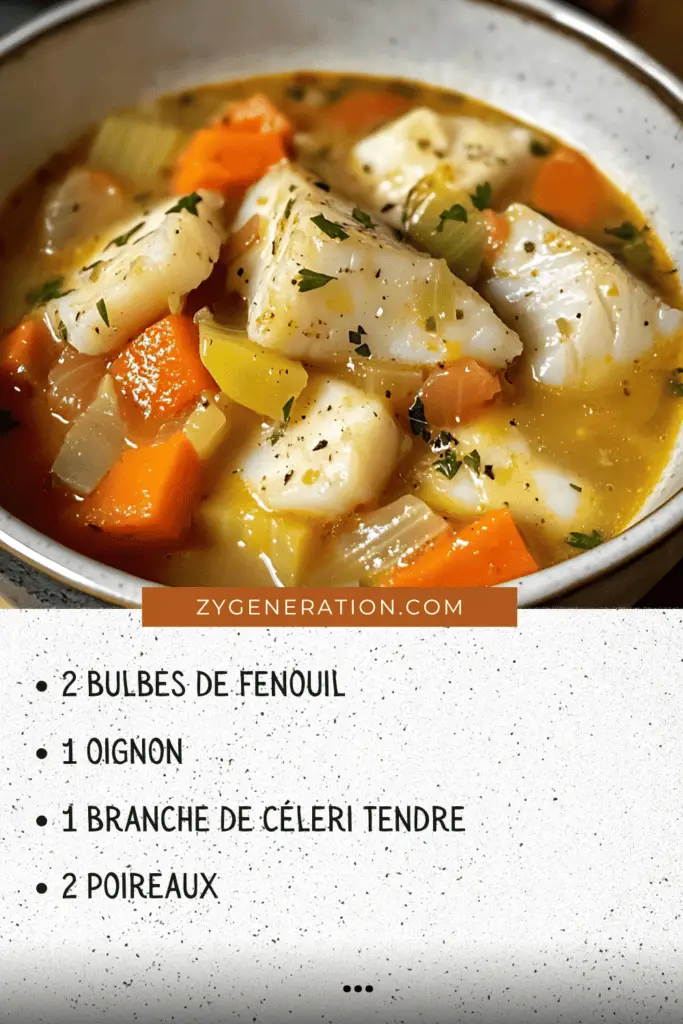 Un bol de bouillon du pêcheur avec cabillaud, fenouil et légumes frais.