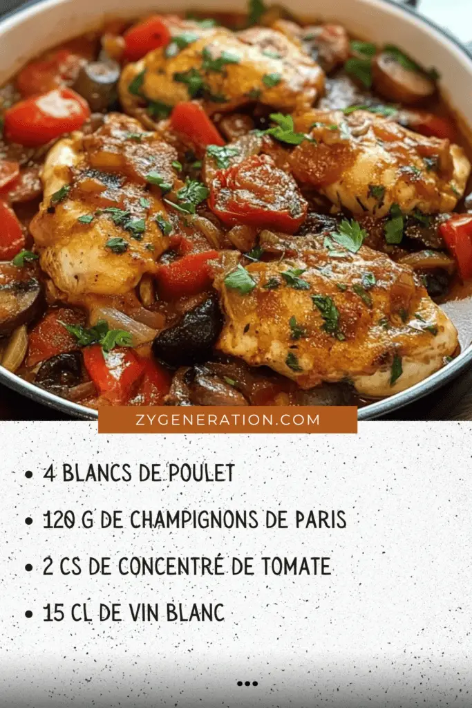 Plat de poulet Marengo servi avec des croûtons dorés et des pâtes fraîches.