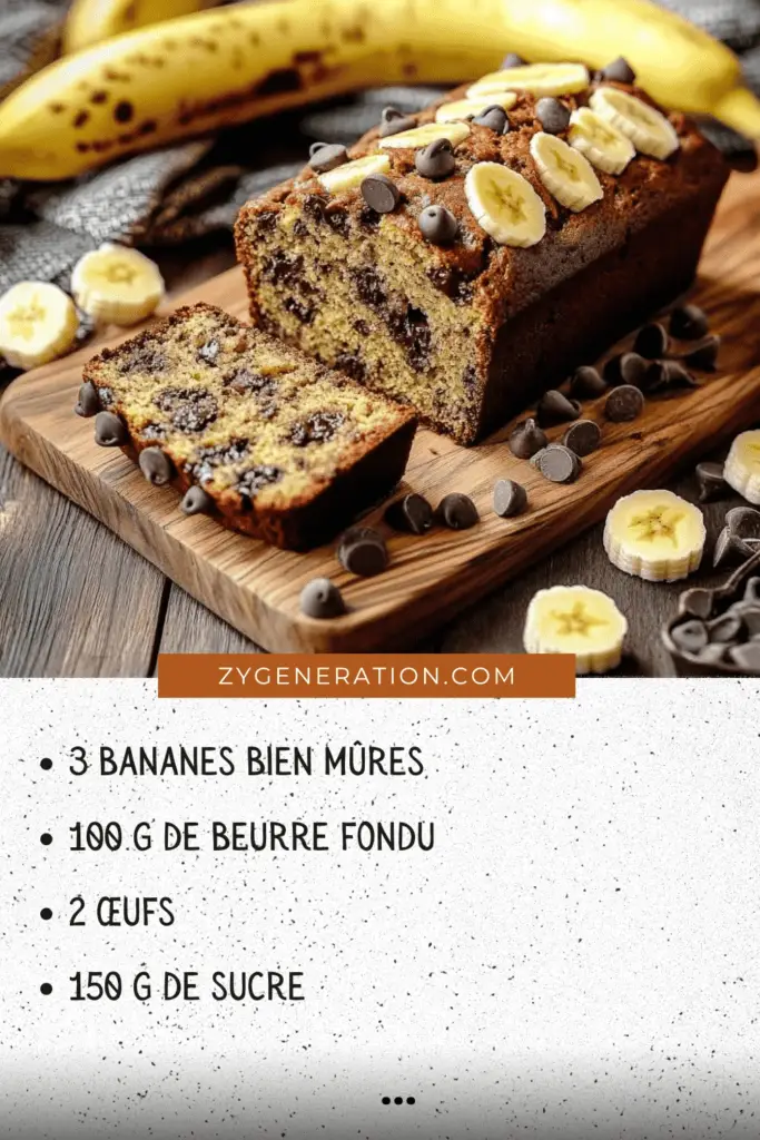 Gâteau chocolat-banane doré et moelleux, garni de pépites de chocolat fondant et d’une banane caramélisée sur le dessus, servi sur une assiette.