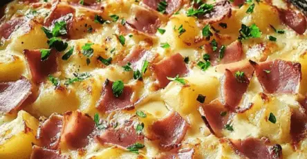 Plat de tartiflette gratinée dorée au reblochon dans un plat à gratin