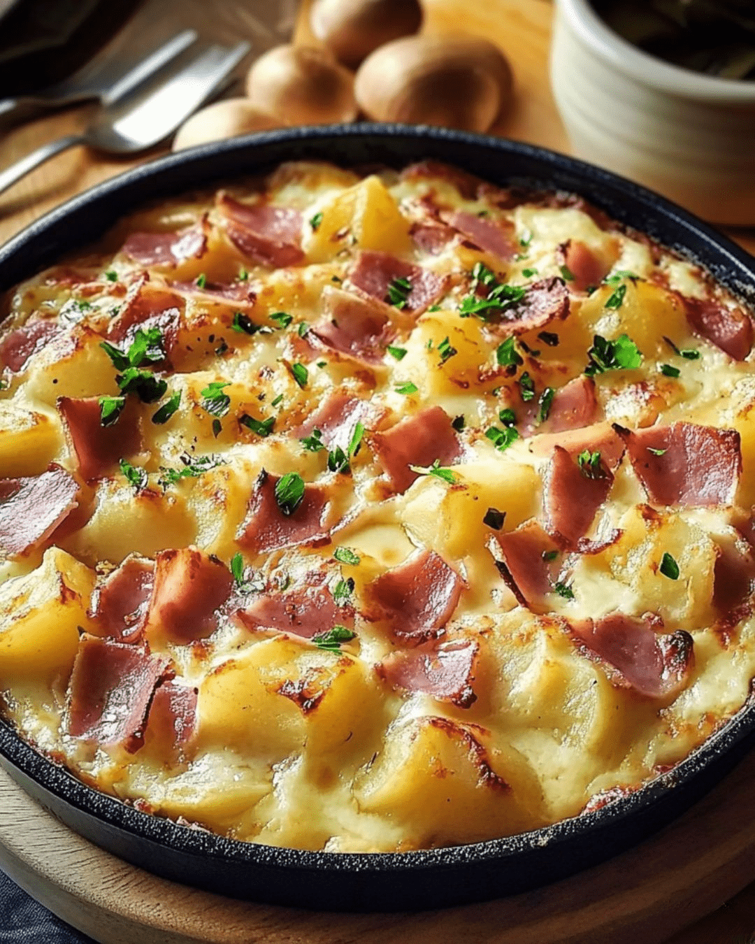 Plat de tartiflette gratinée dorée au reblochon dans un plat à gratin