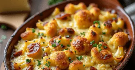 Plat de tartiflette au chou-fleur gratiné avec reblochon doré