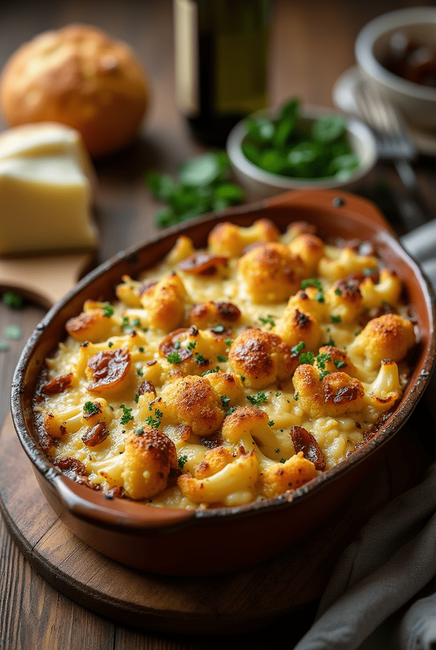 Plat de tartiflette au chou-fleur gratiné avec reblochon doré