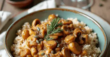 Assiette de Champignons façon Stroganoff crémeux avec riz complet et graines de courge
