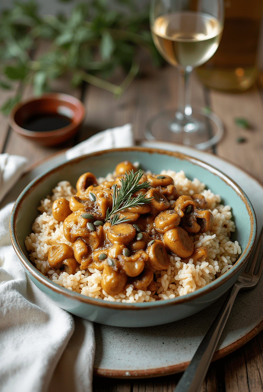 Assiette de Champignons façon Stroganoff crémeux avec riz complet et graines de courge