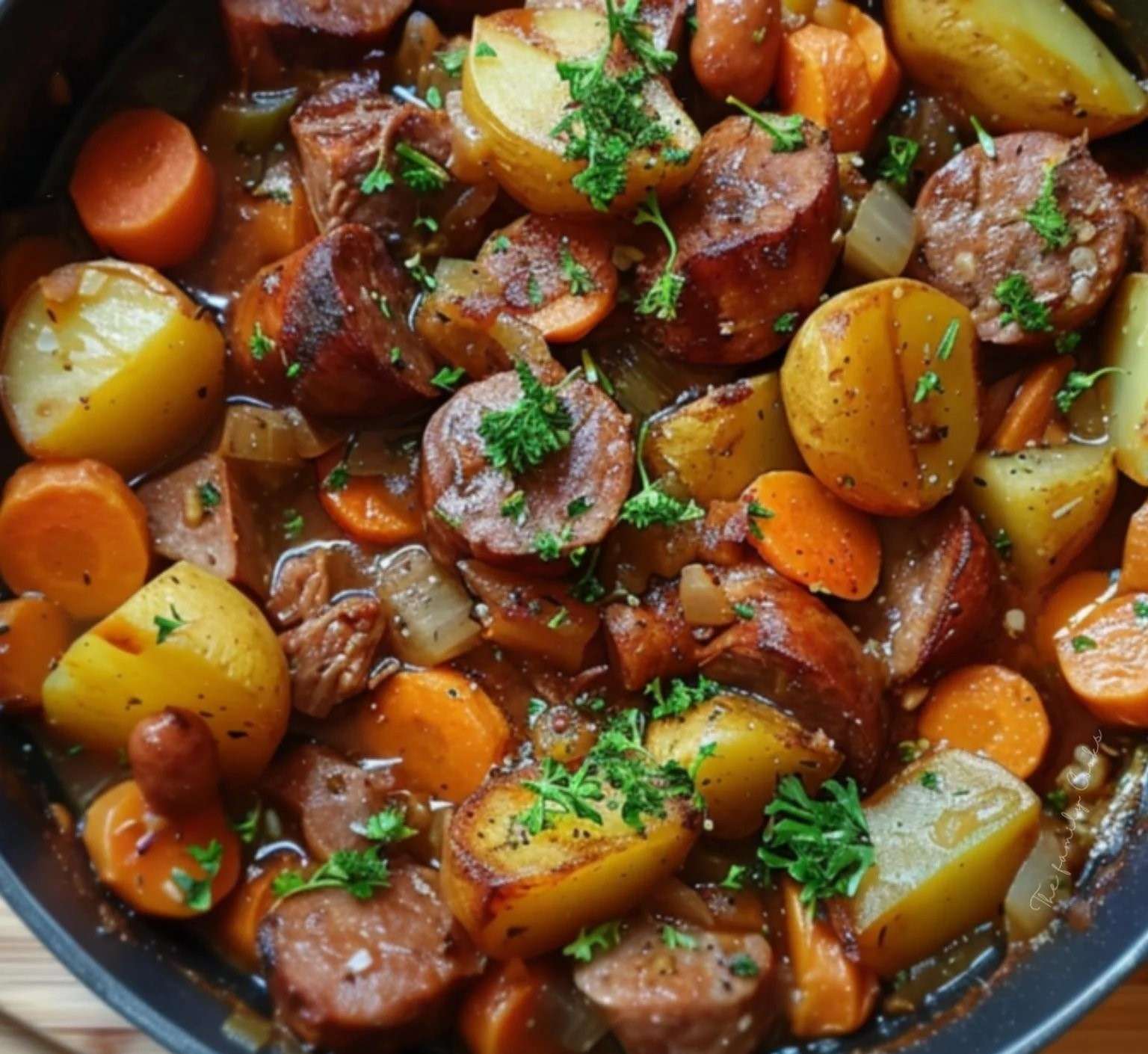 Un plat fumant de potée auvergnate avec des morceaux de porc fondants, des saucisses dorées et des légumes colorés, servi dans une assiette creuse.