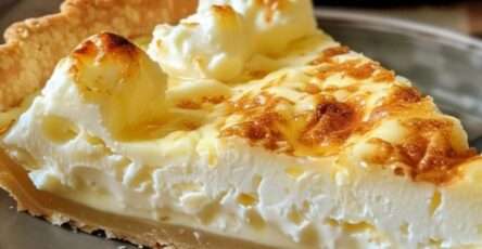 Une tarte alsacienne au fromage blanc dorée et moelleuse, légèrement soufflée, servie avec une touche de sucre glace et des zestes de citron.