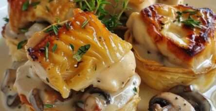 Des vol-au-vent dorés et croustillants garnis d’une sauce onctueuse au poulet et aux champignons, décorés de persil frais.