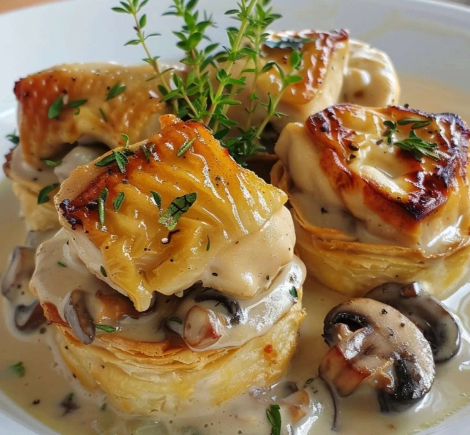 Des vol-au-vent dorés et croustillants garnis d’une sauce onctueuse au poulet et aux champignons, décorés de persil frais.