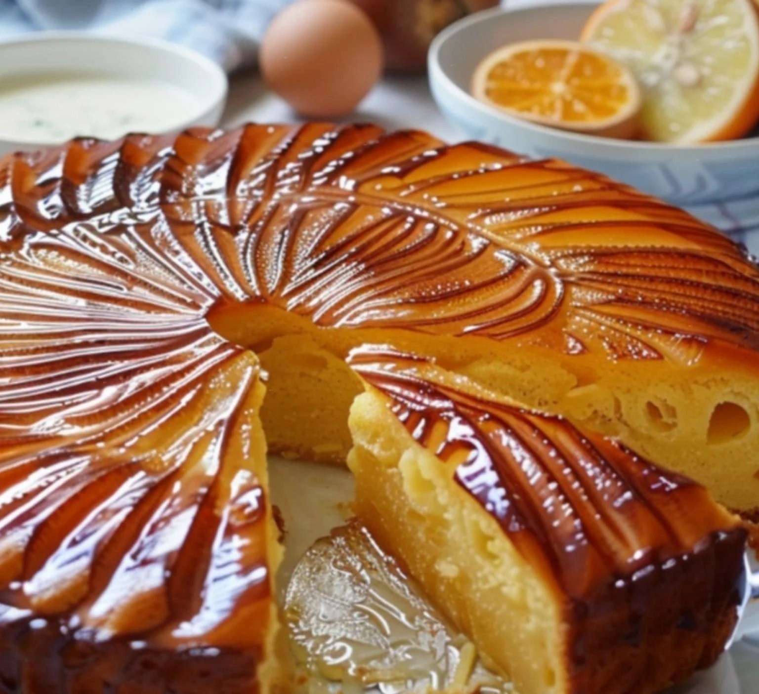 Un gâteau breton doré et sablé, avec de belles incisions en croisillons, servi en parts épaisses sur une planche en bois.