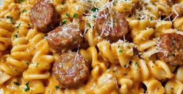 Photo d’un plat de pâtes rotini à la saucisse de bœuf et crème, garni de Parmesan râpé et de persil frais.