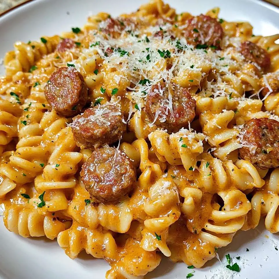 Photo d’un plat de pâtes rotini à la saucisse de bœuf et crème, garni de Parmesan râpé et de persil frais.