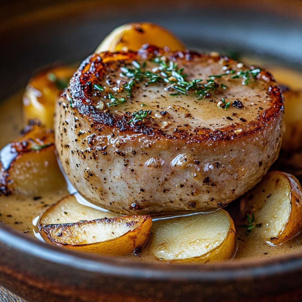 Filet mignon doré accompagné de pommes caramélisées et d'une sauce onctueuse au cidre, servi avec une purée maison.