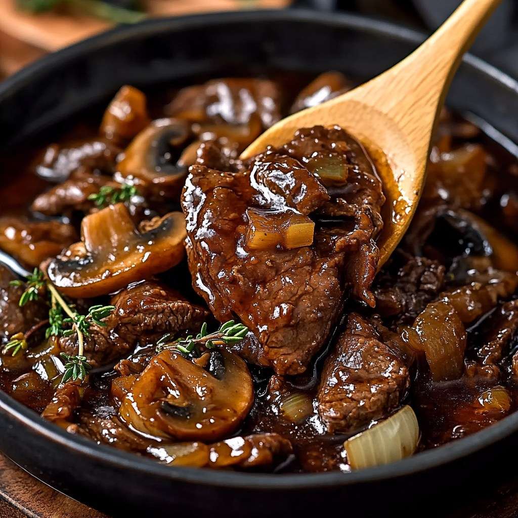 Bœuf Sauté aux Champignons et Vin Rouge - Un plat gourmand et réconfortant aux arômes intenses.