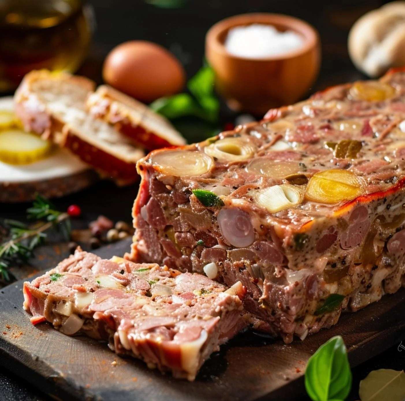 Un délicieux pâté de campagne maison, doré sur le dessus, accompagné de cornichons et de pain de campagne croustillant.