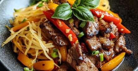 Assiette de bœuf caramélisé au basilic avec poivrons colorés et julienne de légumes, servie sur un lit de riz vapeur, garnie de feuilles de basilic frais.