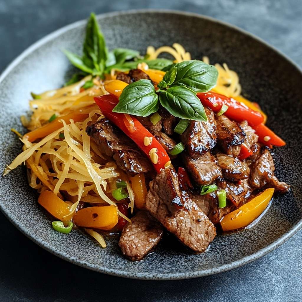 Assiette de bœuf caramélisé au basilic avec poivrons colorés et julienne de légumes, servie sur un lit de riz vapeur, garnie de feuilles de basilic frais.