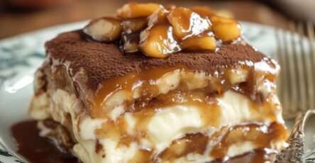 Un tiramisu gourmand au caramel beurre salé et pommes poêlées, présenté en couches onctueuses, avec un filet de caramel doré et des pommes fondantes en garniture.