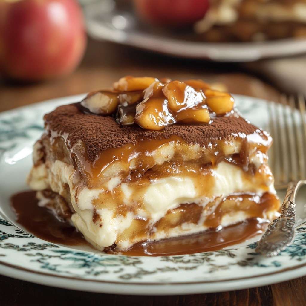 Un tiramisu gourmand au caramel beurre salé et pommes poêlées, présenté en couches onctueuses, avec un filet de caramel doré et des pommes fondantes en garniture.
