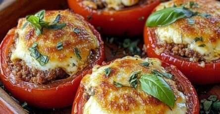 Tomates farcies à la viande hachée et fromage fondu, dorées au four, garnies de basilic frais et servies sur une assiette élégante.