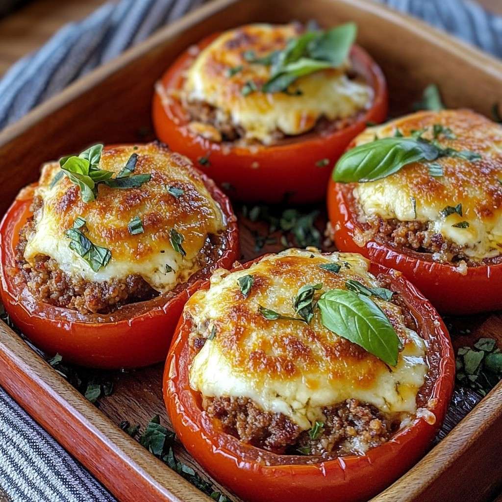 Tomates farcies à la viande hachée et fromage fondu, dorées au four, garnies de basilic frais et servies sur une assiette élégante.