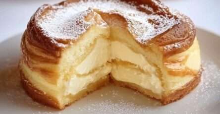 Gâteau fondant à la pâte à choux, garni de crème mousseline onctueuse et saupoudré de sucre glace, présenté sur une assiette élégante.