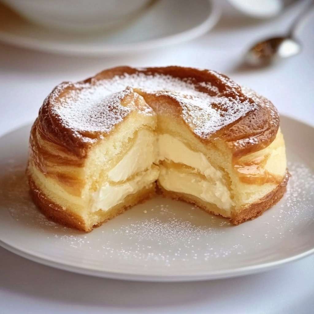 Gâteau fondant à la pâte à choux, garni de crème mousseline onctueuse et saupoudré de sucre glace, présenté sur une assiette élégante.