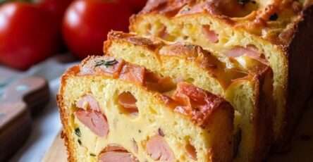 Un cake au jambon et fromage doré à l’extérieur, moelleux à l’intérieur, garni de morceaux de jambon et de fromage filant, présenté sur une planche en bois.