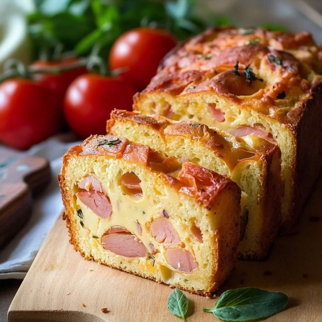 Un cake au jambon et fromage doré à l’extérieur, moelleux à l’intérieur, garni de morceaux de jambon et de fromage filant, présenté sur une planche en bois.