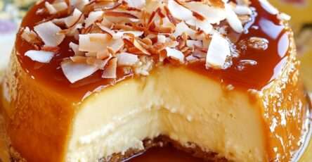 Flan coco-caramel démoulé sur une assiette, recouvert de caramel liquide, décoré de copeaux de noix de coco dorés.