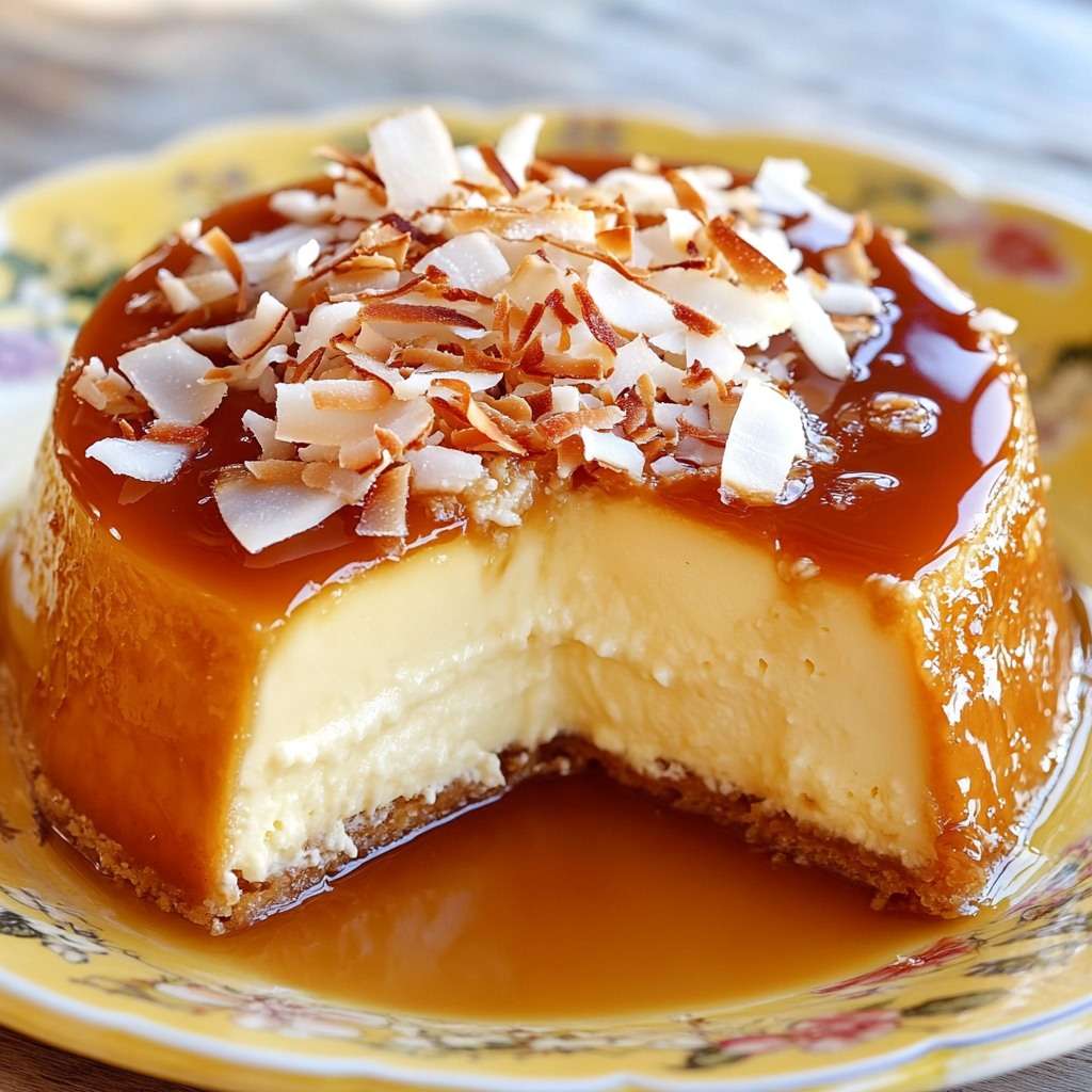 Flan coco-caramel démoulé sur une assiette, recouvert de caramel liquide, décoré de copeaux de noix de coco dorés.