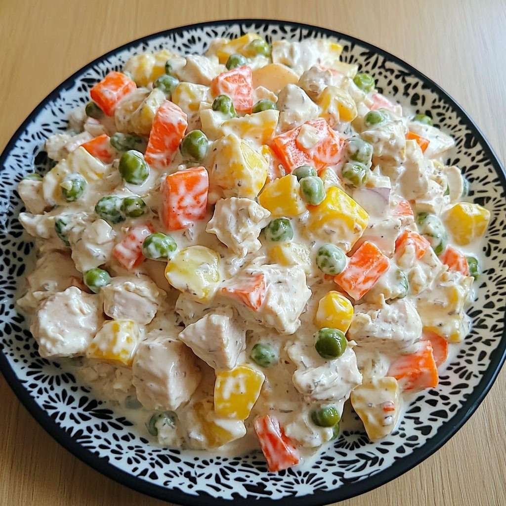 Assiette de poulet crémeux aux légumes colorés, nappé d’une sauce onctueuse, accompagné de riz parfumé.