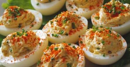 Œufs durs farcis au jaune crémeux, saupoudrés de paprika et décorés de ciboulette fraîche, disposés sur un plat de service élégant.