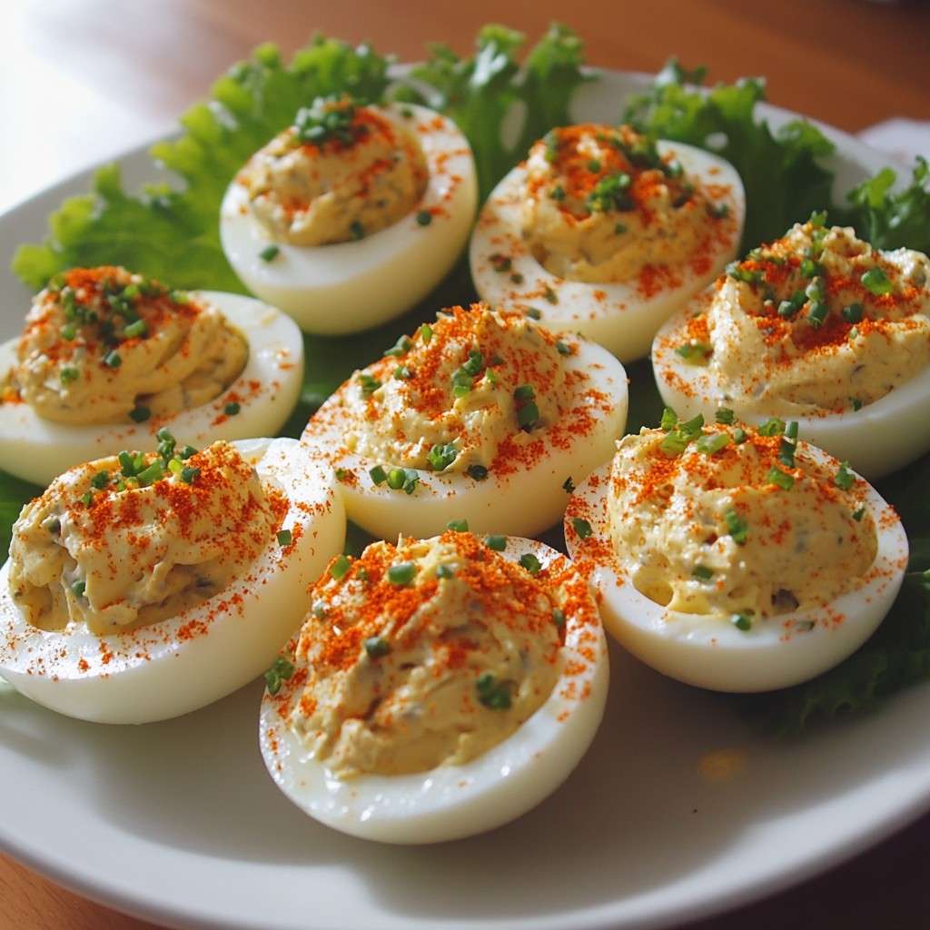 Œufs durs farcis au jaune crémeux, saupoudrés de paprika et décorés de ciboulette fraîche, disposés sur un plat de service élégant.