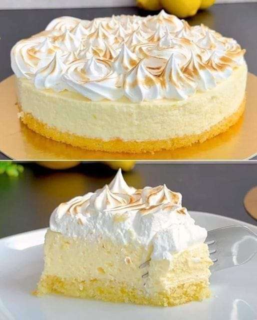 Délicieux gâteau au citron meringué avec une base moelleuse, une mousse citronnée onctueuse et une meringue dorée au chalumeau, servi sur une assiette élégante.