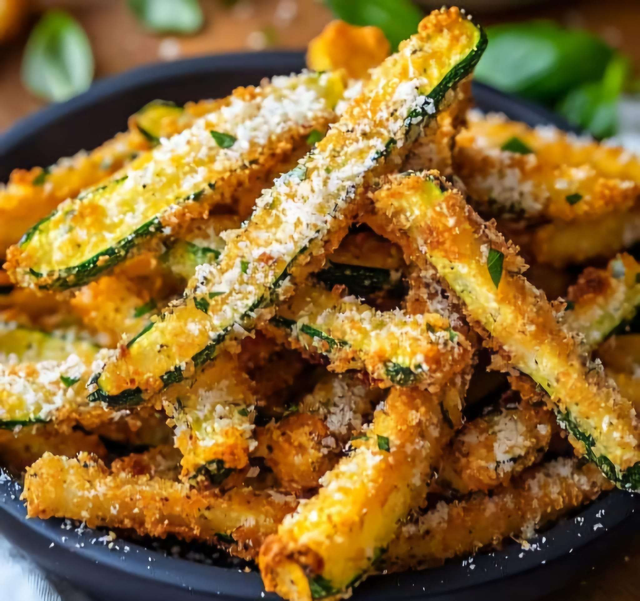 Frites de courgettes au parmesan dorées et croustillantes, servies sur une assiette avec une touche d'herbes de Provence, accompagnées d'une sauce maison pour un apéritif gourmand et léger.