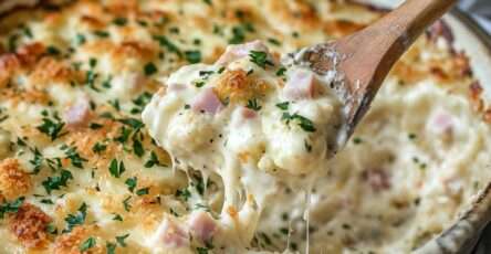 Un gratin doré et fondant de chou-fleur au jambon et fromage, parsemé de chapelure croustillante et de persil frais.