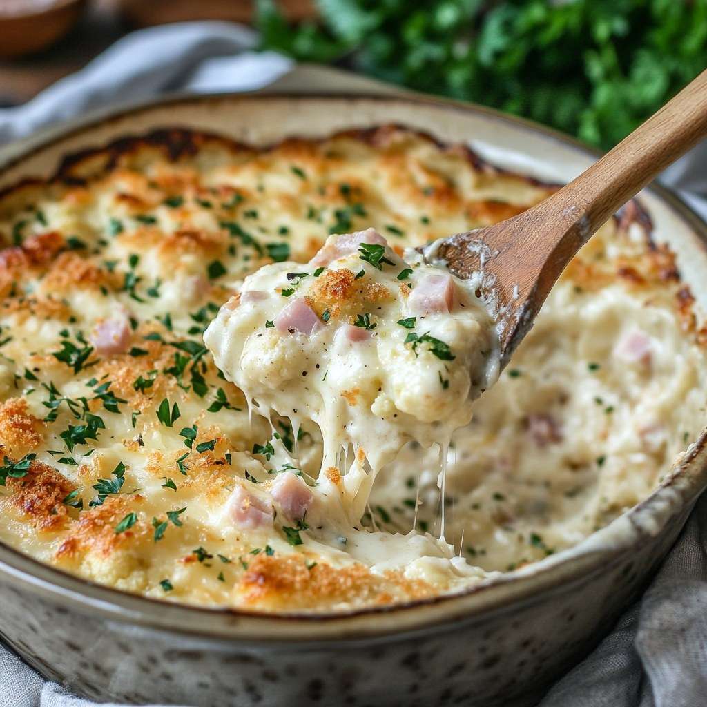 Un gratin doré et fondant de chou-fleur au jambon et fromage, parsemé de chapelure croustillante et de persil frais.
