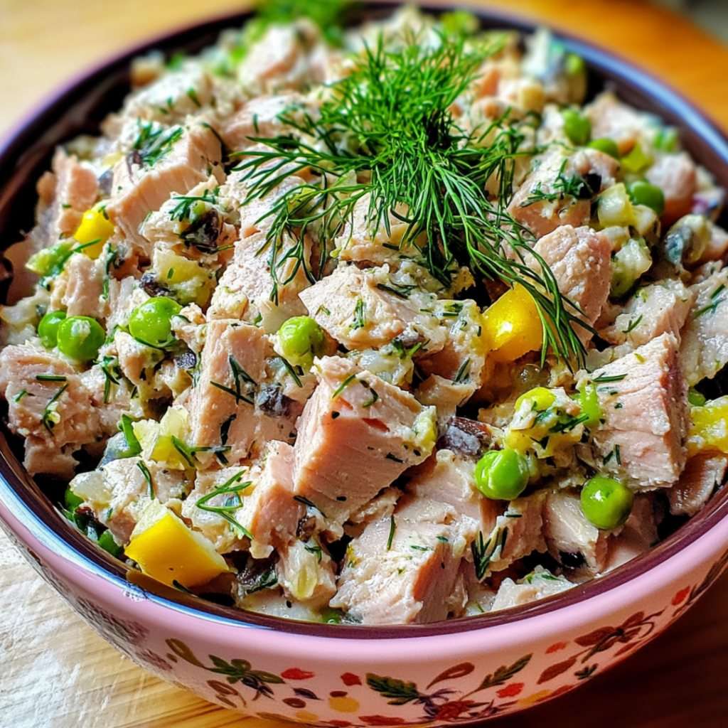 Salade de thon crémeuse et colorée avec petits pois, poivrons, champignons et sauce onctueuse, servie avec du pain grillé.