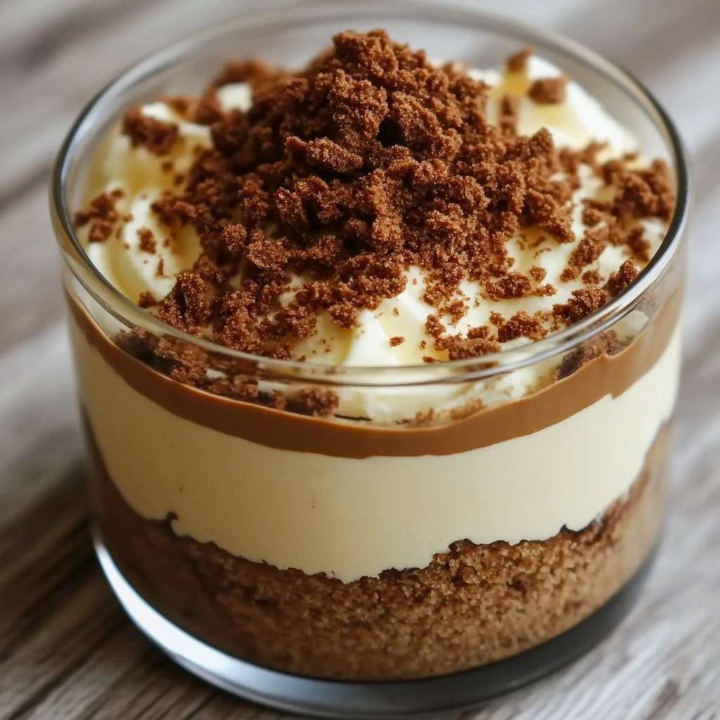 Verrine cheesecake spéculoos et chocolat, garnie de copeaux de chocolat et de miettes de spéculoos, servie bien fraîche.