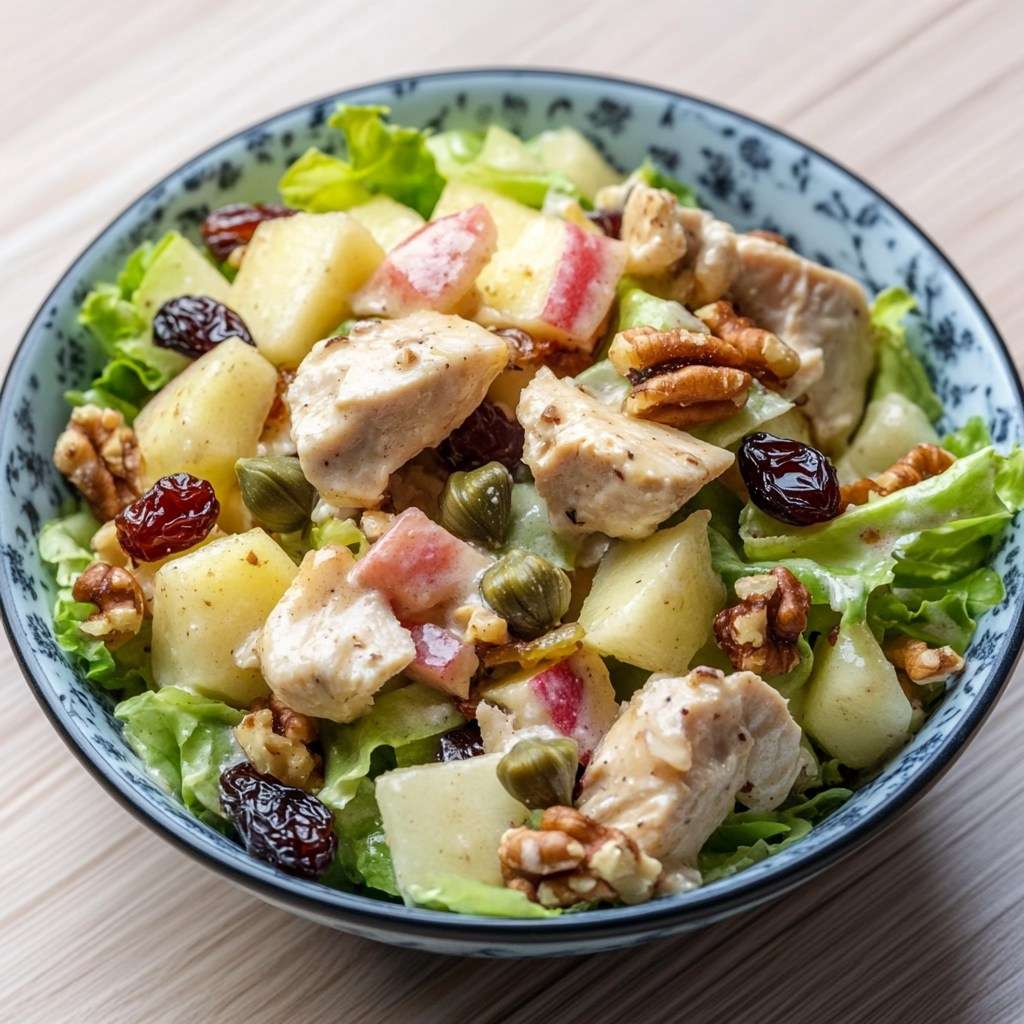 Salade colorée avec morceaux de poulet, pommes croquantes, raisins secs, noix et sauce crémeuse, servie dans un bol en bois.