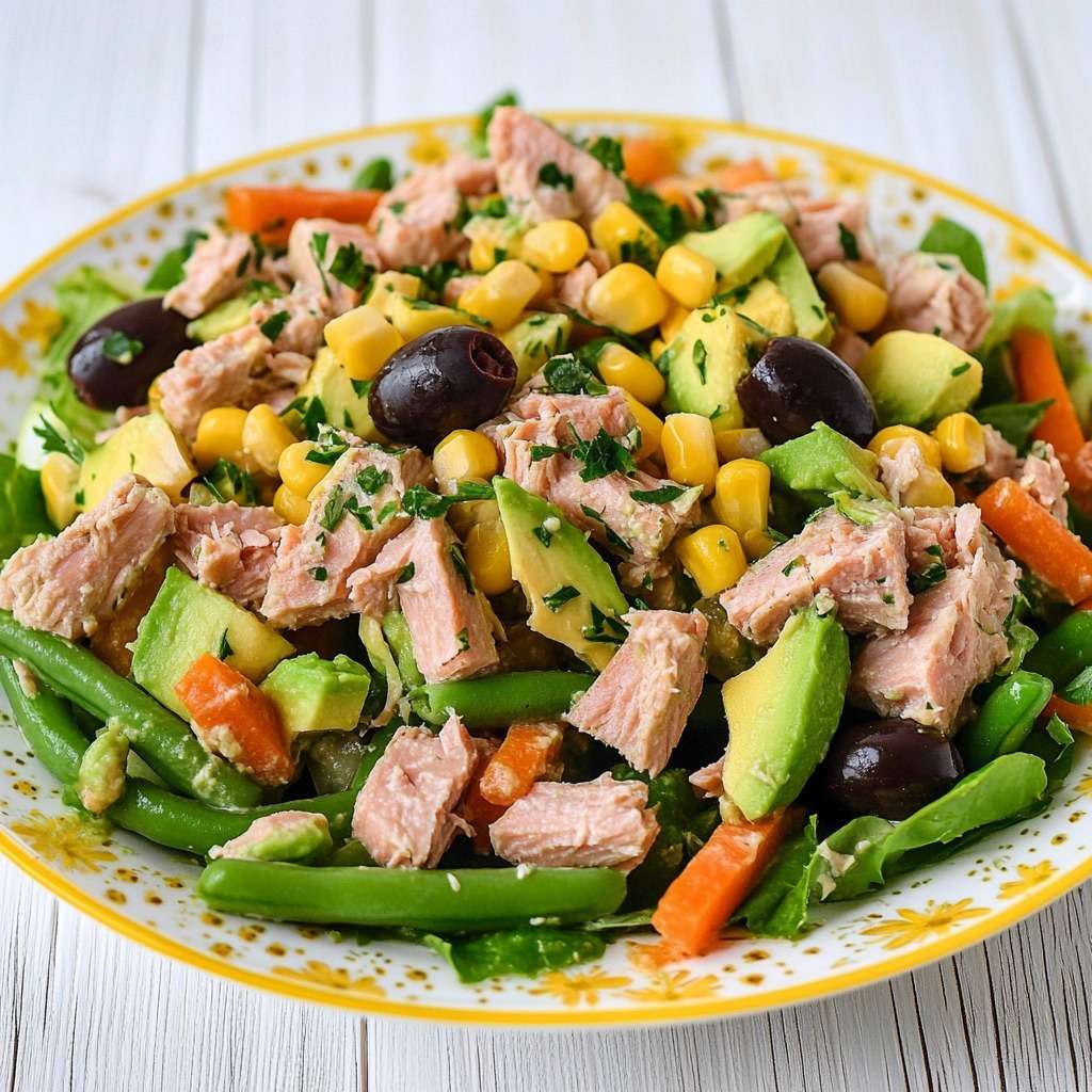 Salade colorée composée d’avocat crémeux, thon émietté, haricots verts croquants, carottes en bâtonnets et maïs doré, servie dans un bol en bois.