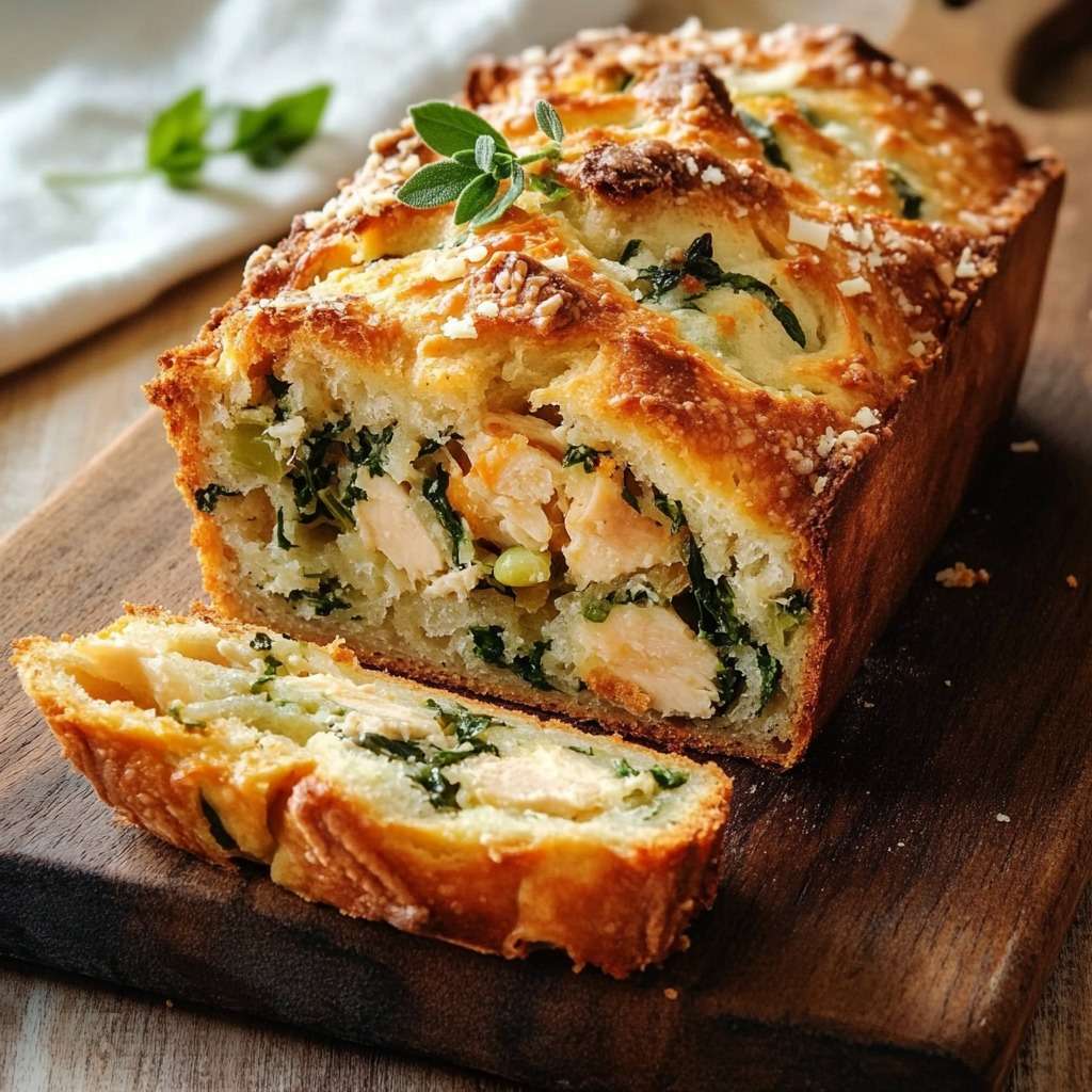 Cake salé au poulet, épinards et parmesan, doré au four, découpé en tranches et servi avec une salade verte.