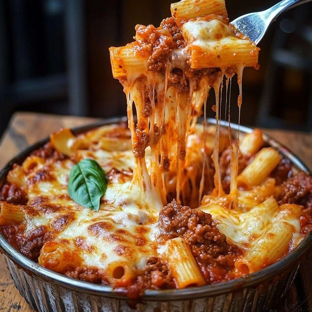 Gratin de pâtes à la bolognaise dans un plat au four, avec une couche dorée de fromage gratiné et des brins de basilic frais.