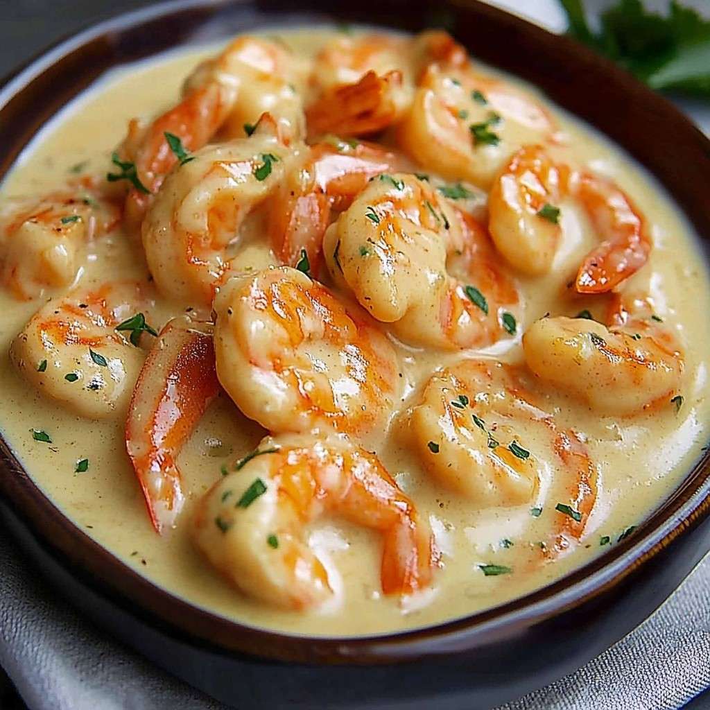 Assiette de crevettes nappées de sauce crémeuse à l’ail et au citron, garnie de persil frais, servie avec du riz basmati et une tranche de citron.