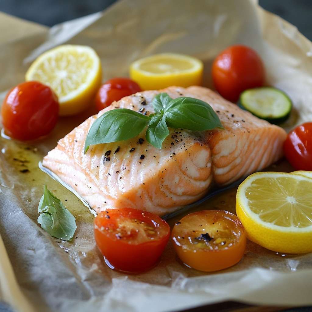 Papillote de saumon cuit au four, accompagnée de légumes colorés et de rondelles de citron, servie avec du basilic frais.