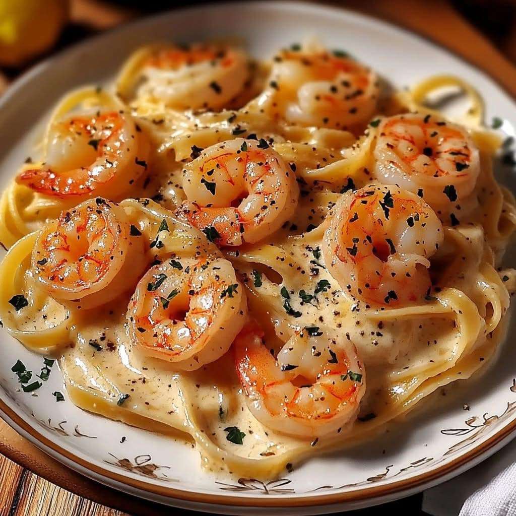 Assiette de spaghetti crémeux aux crevettes, garnie de persil frais et de parmesan râpé, servie avec un filet de jus de citron.